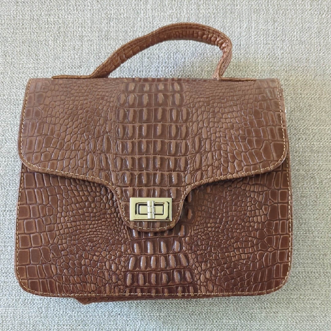 Brown Leather Crocodile Pattern Handbag